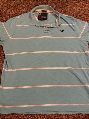 Y2k 2010 American Eagle Outfitters Light Blue and White Striped Polo - Men L